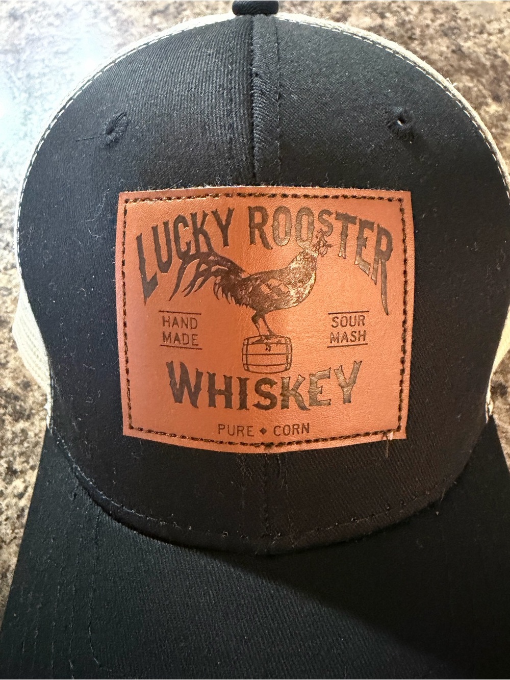 Lucky Rooster Whiskey Patch Trucker Hat - Black and Tan Infinity Headwear